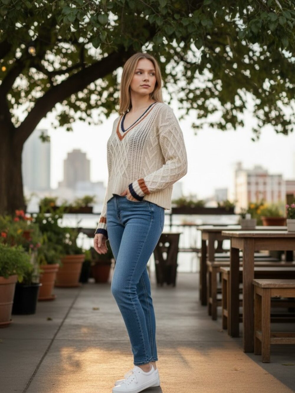 American Eagle Cable Knit Varsity V-Neck Sweater Cream and Copper Blue Accent XS - Picture 3 of 13